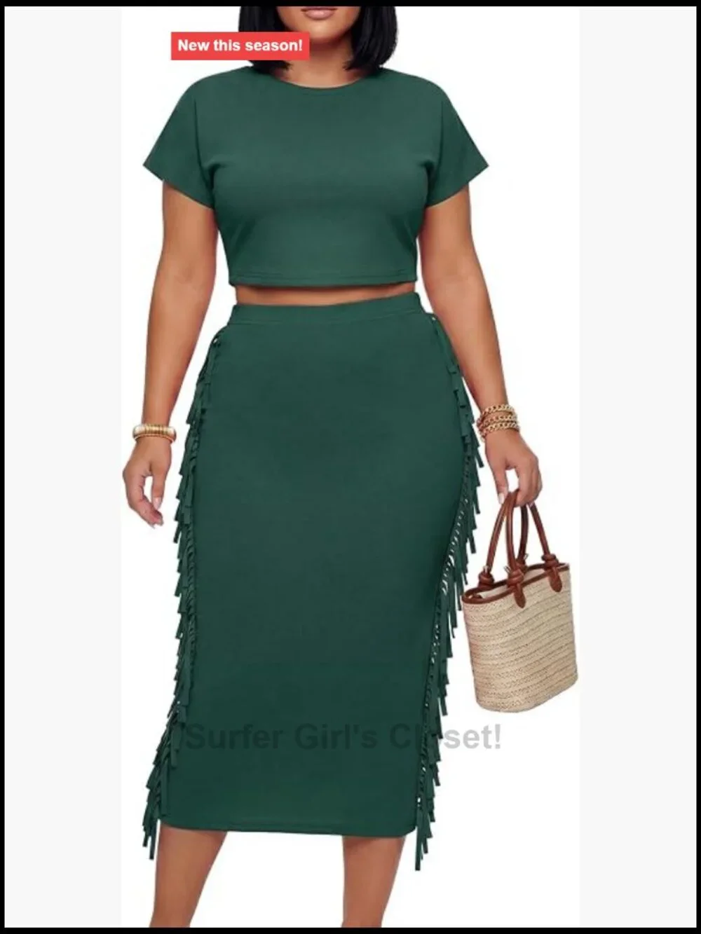 2 Piece Outfit Crop Top Tassel Trim Bodycon Midi Skirt Set